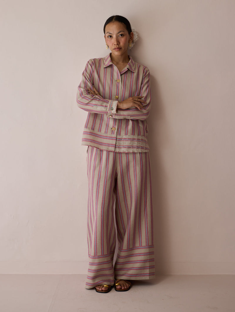 Erra Block-Printed Linen Co-ord-Natural linen co-ord set by Manan in off white for women in Singapore