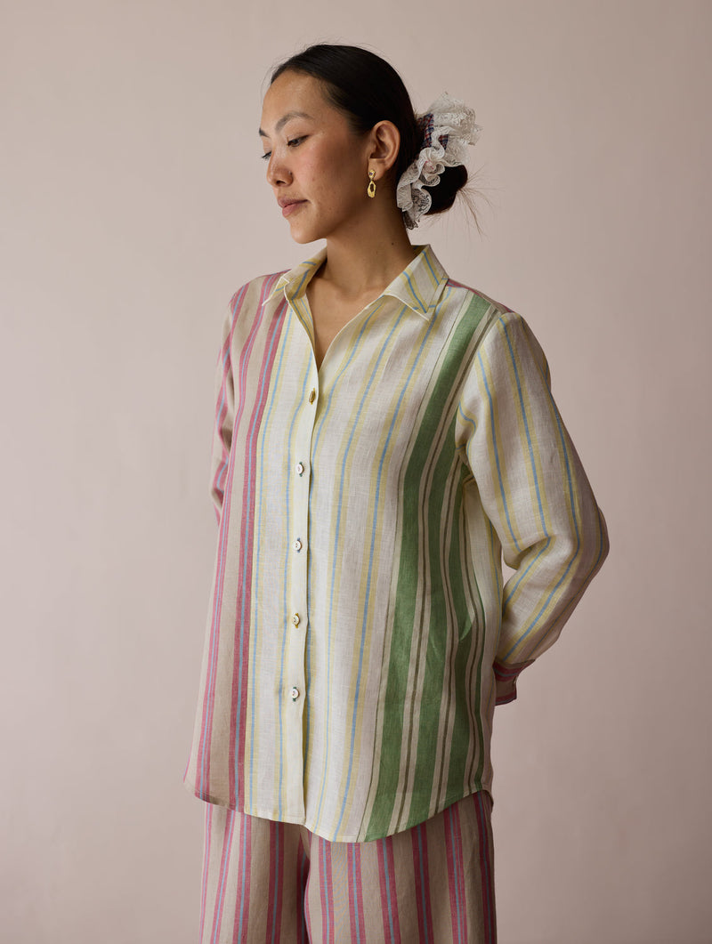 Leena Patchwork Stripe Linen Shirt linen top/shirt by Manan in ivory for women in Singapore