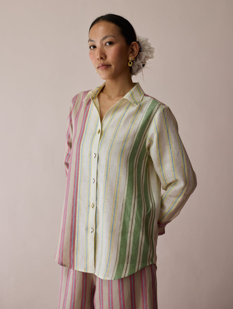 Leena Patchwork Stripe Linen Shirt linen top/shirt by Manan in ivory for women in Singapore