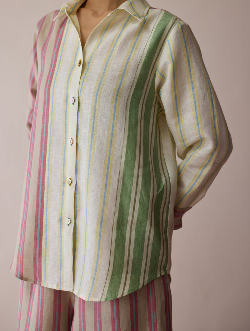 Leena Patchwork Stripe Linen Shirt linen top/shirt by Manan in ivory for women in Singapore