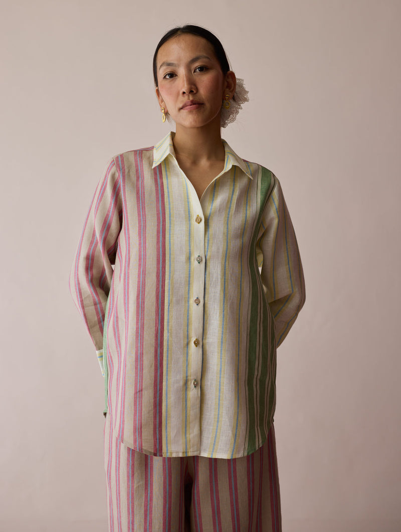 Leena Patchwork Stripe Linen Shirt linen top/shirt by Manan in ivory for women in Singapore