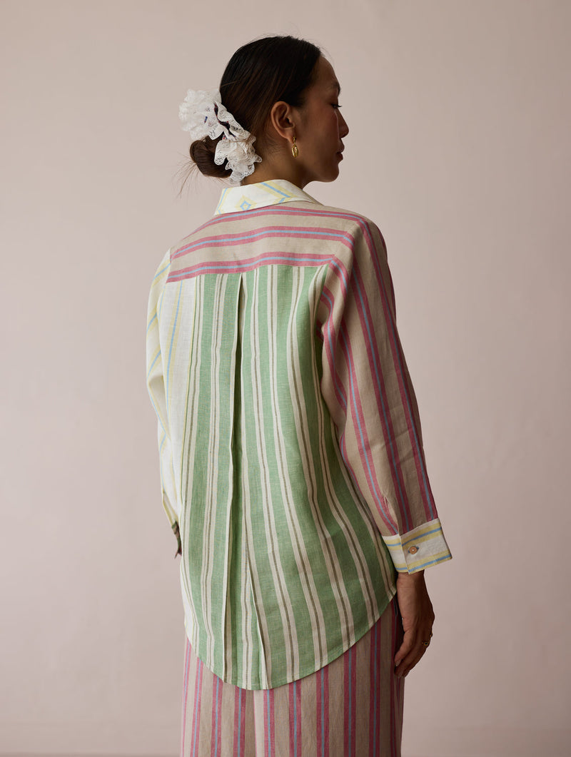 Leena Patchwork Stripe Linen Shirt linen top/shirt by Manan in ivory for women in Singapore