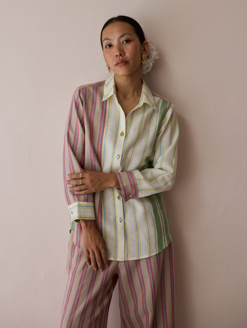 Leena Patchwork Stripe Linen Shirt linen top/shirt by Manan in ivory for women in Singapore