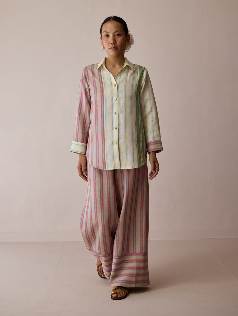 Leena Patchwork Stripe Linen Shirt linen top/shirt by Manan in ivory for women in Singapore