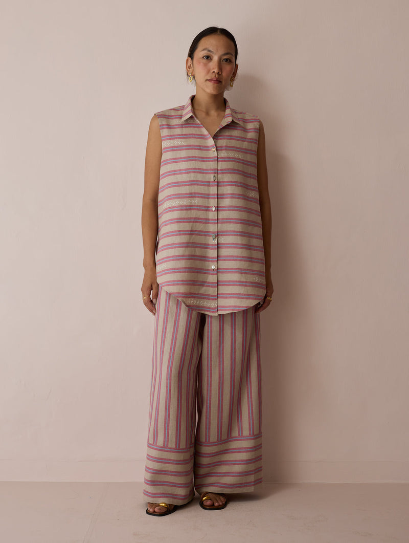 Ello Block-Printed Linen Co-ord-Natural linen co-ord set by Manan in off white for women in Singapore