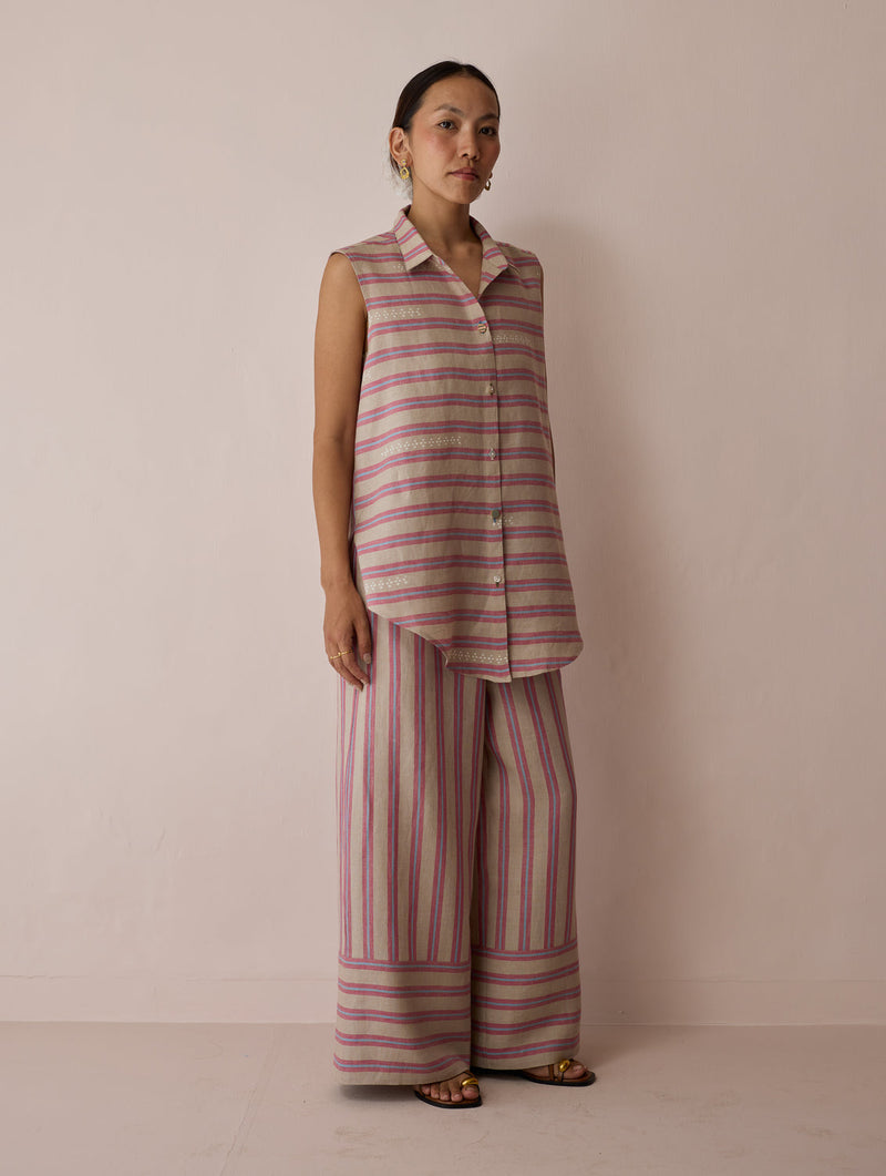 Ello Block-Printed Linen Co-ord-Natural linen co-ord set by Manan in off white for women in Singapore