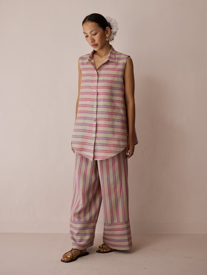 Ello Block-Printed Linen Co-ord-Natural linen co-ord set by Manan in off white for women in Singapore