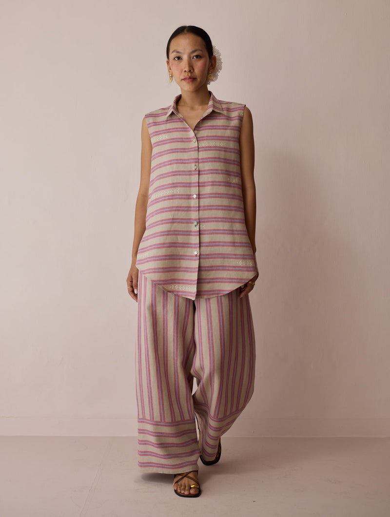 Ello Block-Printed Linen Co-ord-Natural linen co-ord set by Manan in off white for women in Singapore
