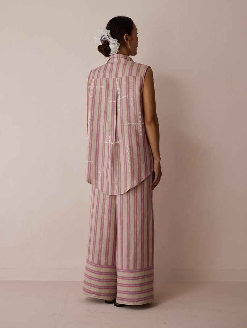 Ello Block-Printed Linen Co-ord-Natural linen co-ord set by Manan in off white for women in Singapore