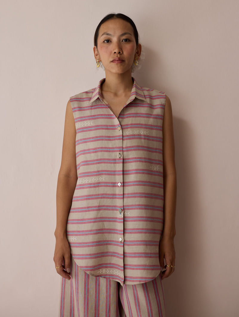 Ello Sleeveless Block-Printed Linen Shirt-Natural linen top/shirt by Manan in off white for women in Singapore