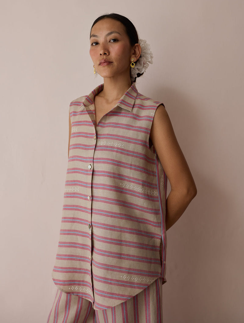Ello Sleeveless Block-Printed Linen Shirt-Natural linen top/shirt by Manan in off white for women in Singapore