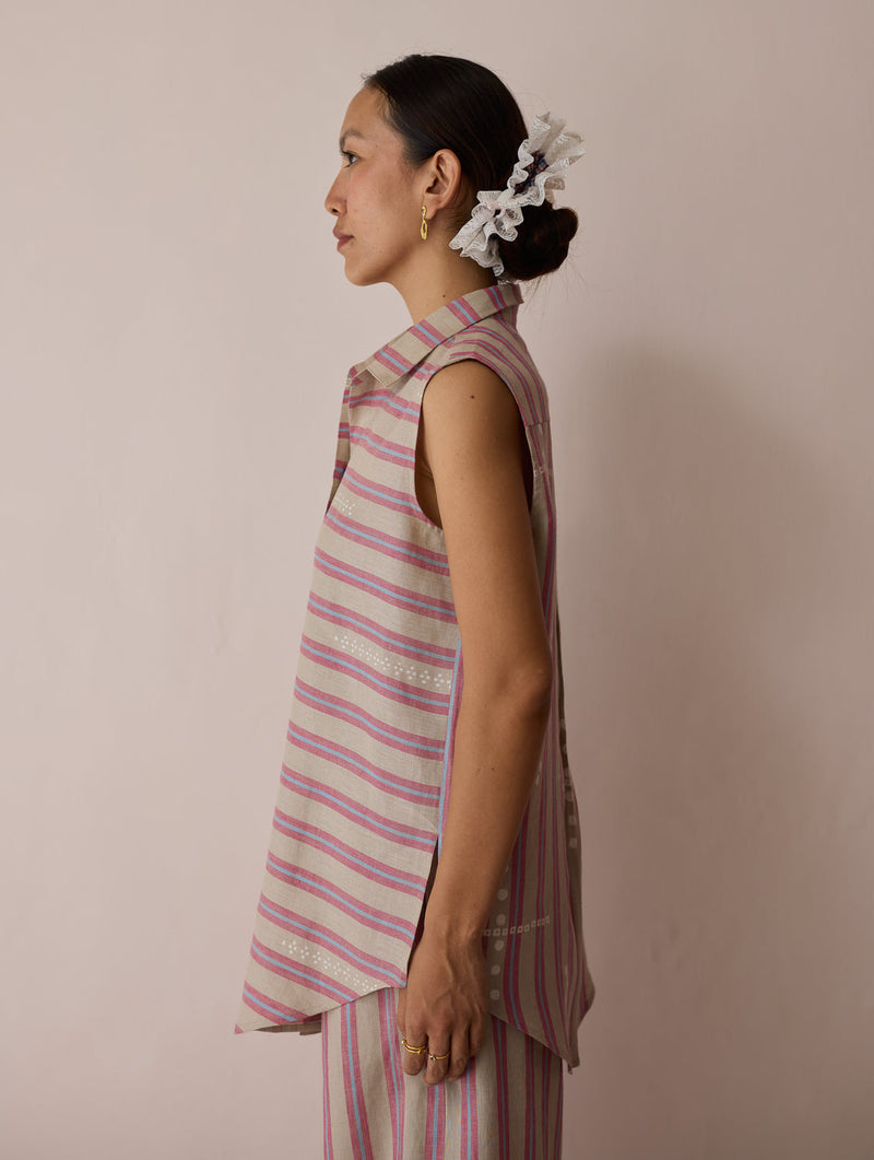Ello Sleeveless Block-Printed Linen Shirt-Natural linen top/shirt by Manan in off white for women in Singapore