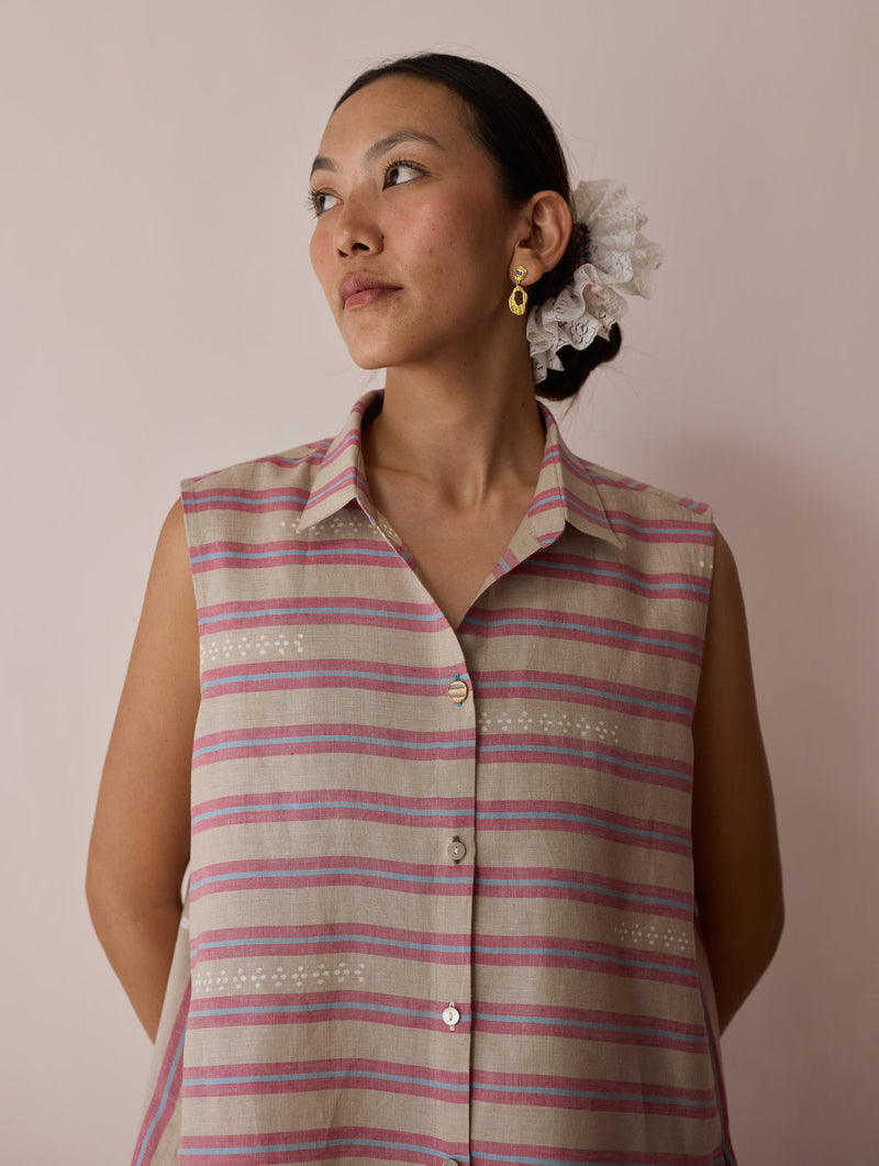 Ello Block-Printed Linen Co-ord-Natural linen co-ord set by Manan in off white for women in Singapore