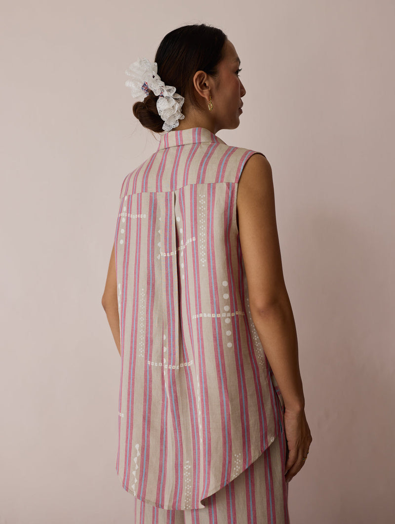 Ello Sleeveless Block-Printed Linen Shirt-Natural linen top/shirt by Manan in off white for women in Singapore