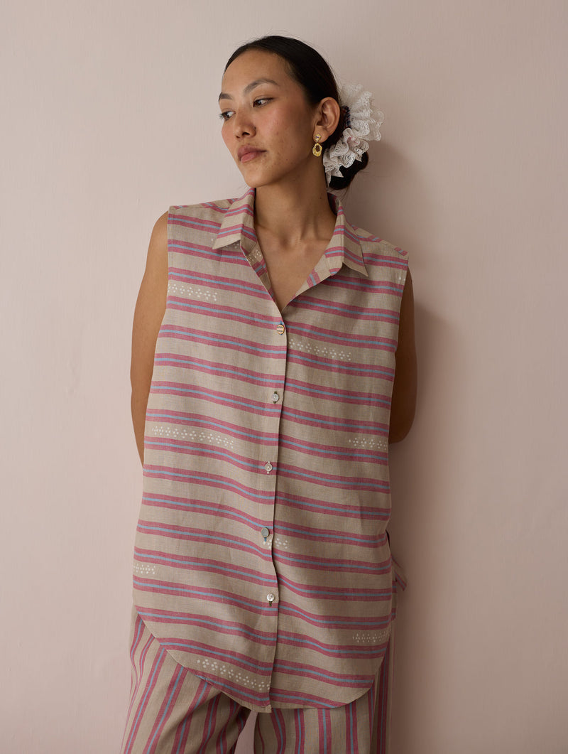 Ello Sleeveless Block-Printed Linen Shirt-Natural linen top/shirt by Manan in off white for women in Singapore