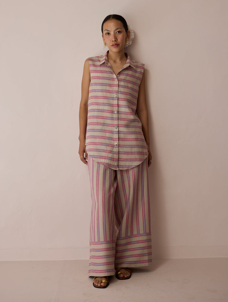 Ello Sleeveless Block-Printed Linen Shirt-Natural linen top/shirt by Manan in off white for women in Singapore