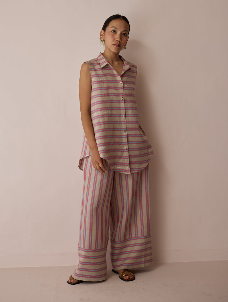 Ello Block-Printed Linen Co-ord-Natural linen co-ord set by Manan in off white for women in Singapore