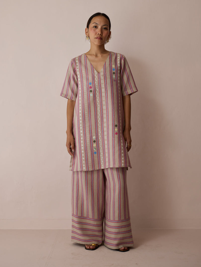 Selle Linen Applique Kurta Set-Natural linen co-ord set by Manan in off white for women in Singapore