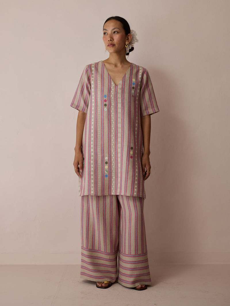 Selle Linen Stripe Applique Kurta-Natural linen tunics/kaftan by Manan in off white for women in Singapore