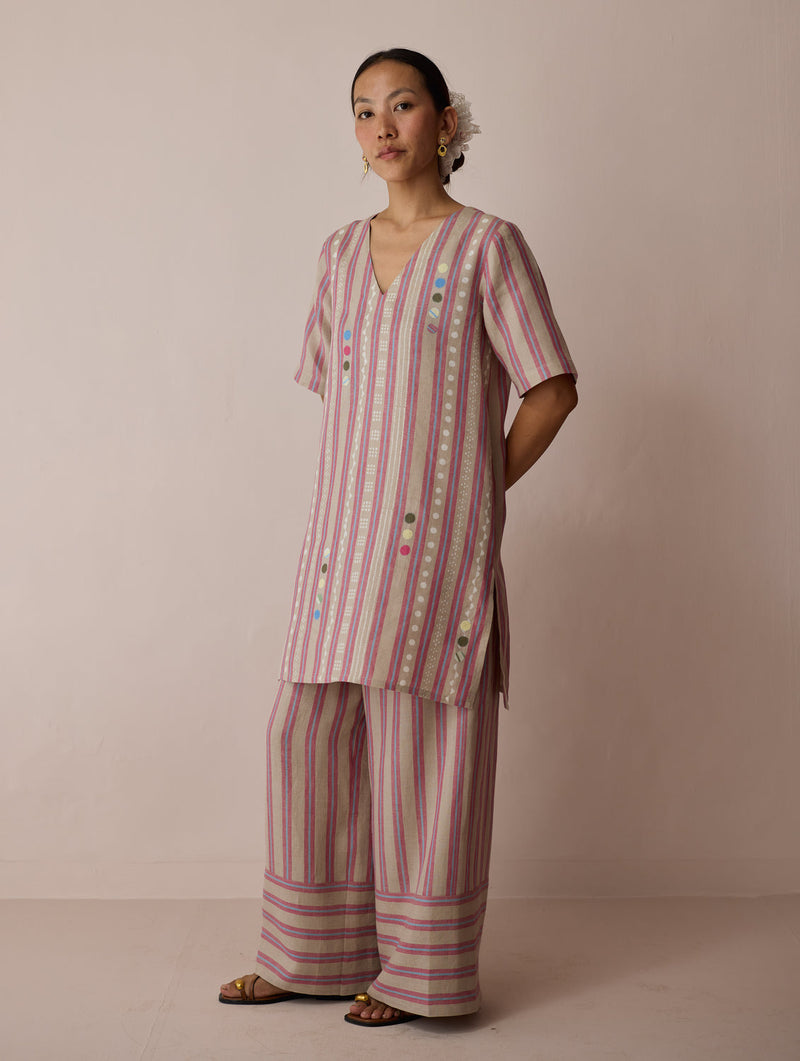 Selle Linen Applique Kurta Set-Natural linen co-ord set by Manan in off white for women in Singapore