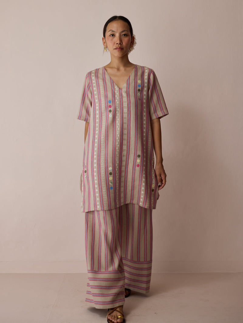 Selle Linen Applique Kurta Set-Natural linen co-ord set by Manan in off white for women in Singapore