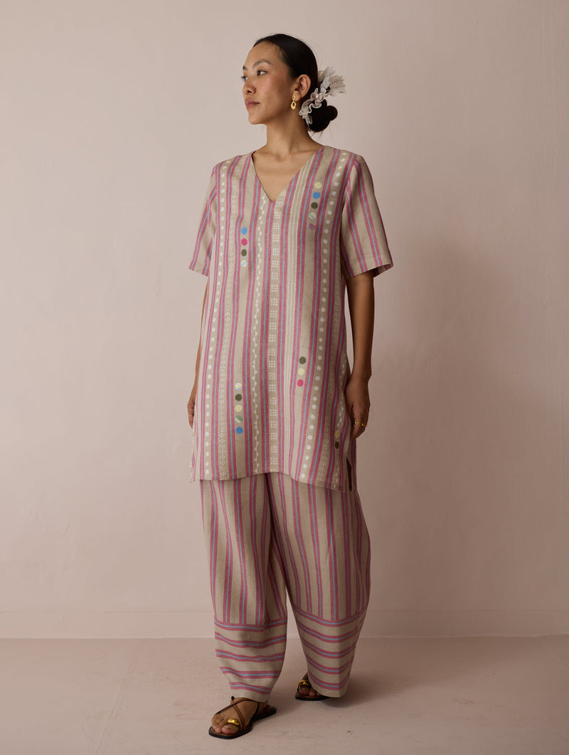 Selle Linen Applique Kurta Set-Natural linen co-ord set by Manan in off white for women in Singapore