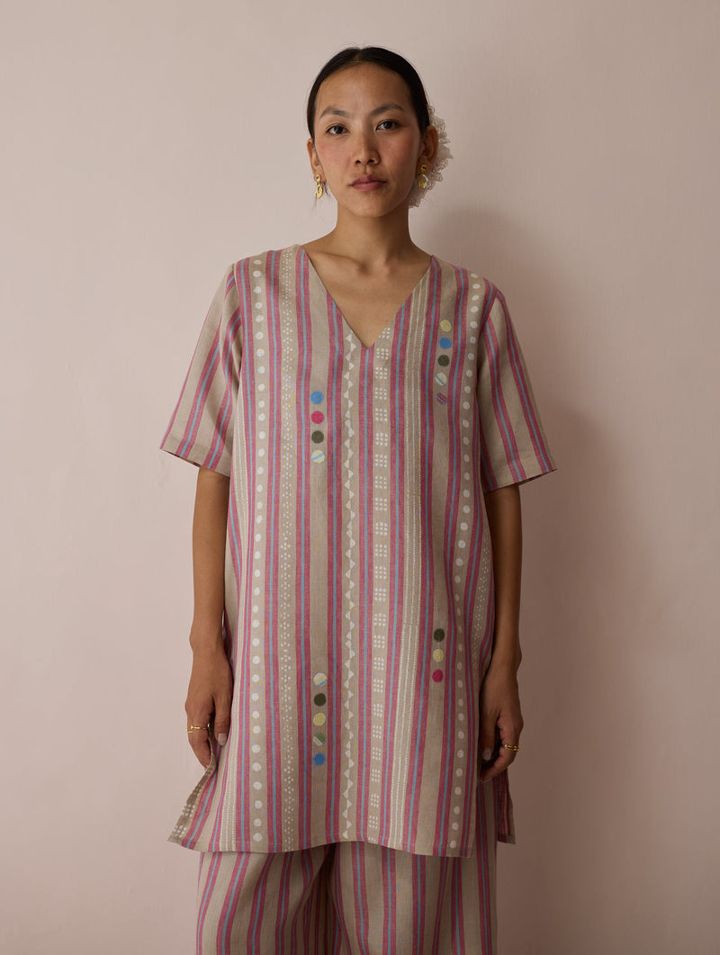 Selle Linen Stripe Applique Kurta-Natural linen tunics/kaftan by Manan in off white for women in Singapore
