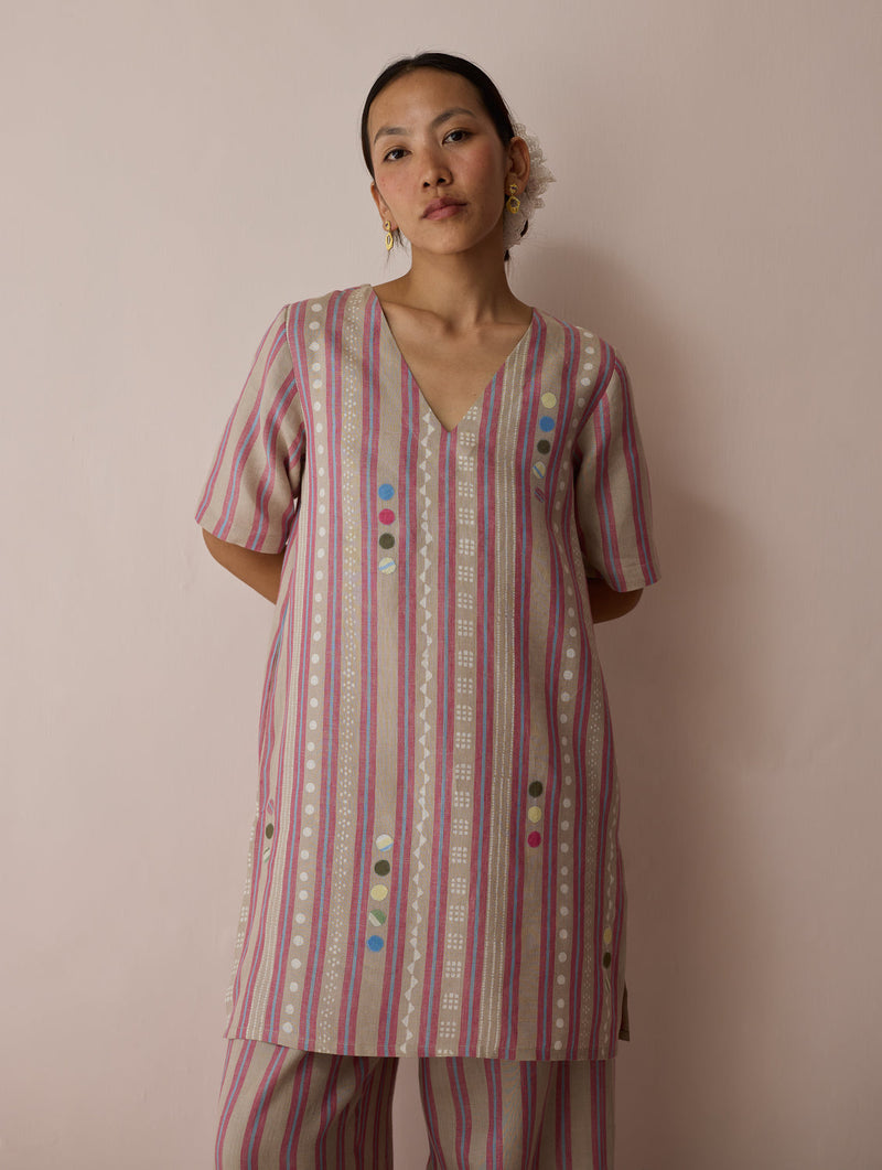Selle Linen Stripe Applique Kurta-Natural linen tunics/kaftan by Manan in off white for women in Singapore