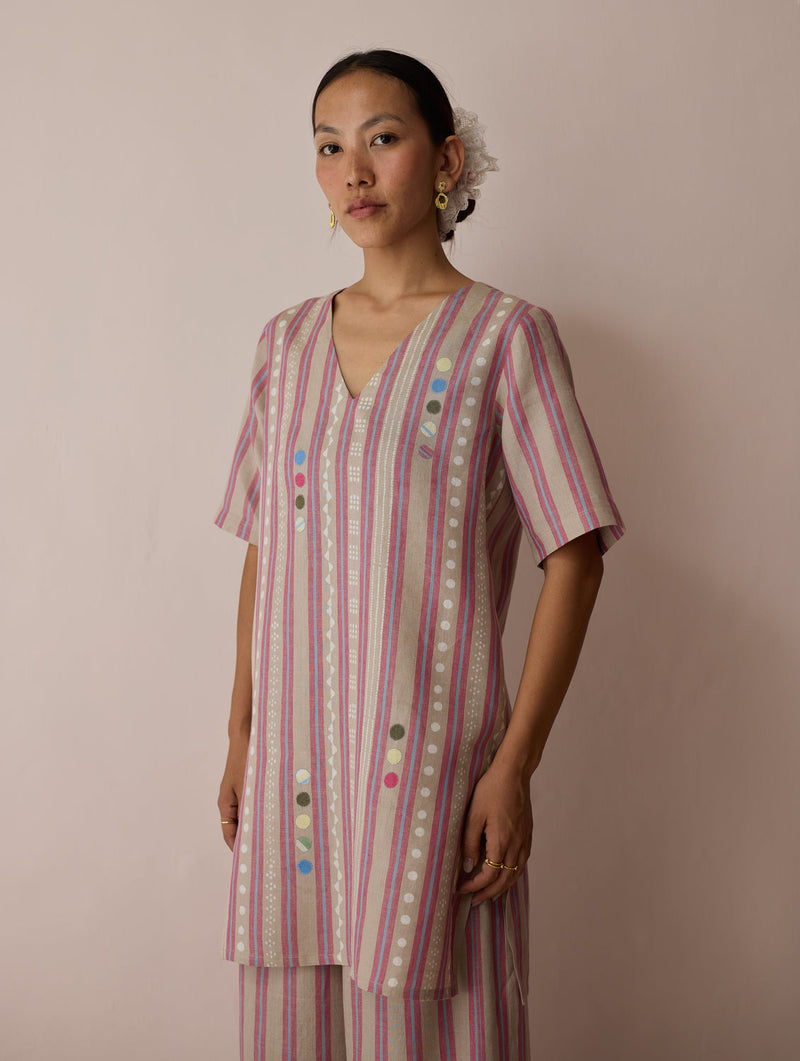 Selle Linen Stripe Applique Kurta-Natural linen tunics/kaftan by Manan in off white for women in Singapore