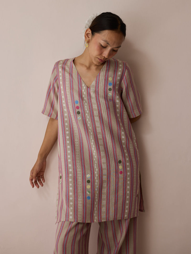 Selle Linen Stripe Applique Kurta-Natural linen tunics/kaftan by Manan in off white for women in Singapore