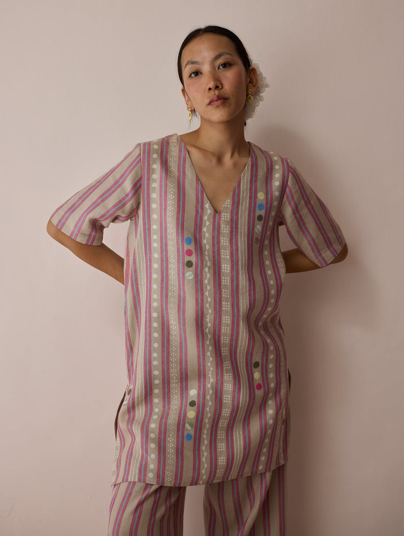 Selle Linen Stripe Applique Kurta-Natural linen tunics/kaftan by Manan in off white for women in Singapore