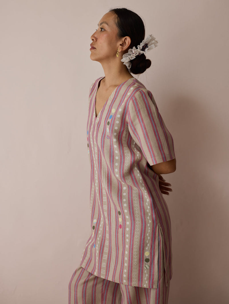Selle Linen Stripe Applique Kurta-Natural linen tunics/kaftan by Manan in off white for women in Singapore