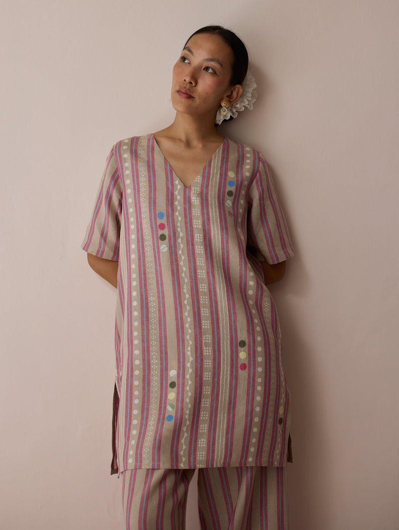 Selle Linen Stripe Applique Kurta-Natural linen tunics/kaftan by Manan in off white for women in Singapore