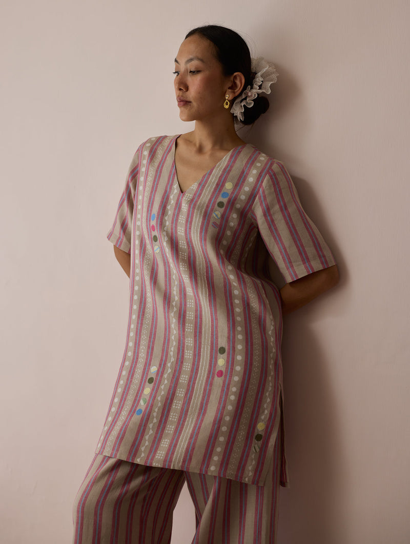 Selle Linen Stripe Applique Kurta-Natural linen tunics/kaftan by Manan in off white for women in Singapore