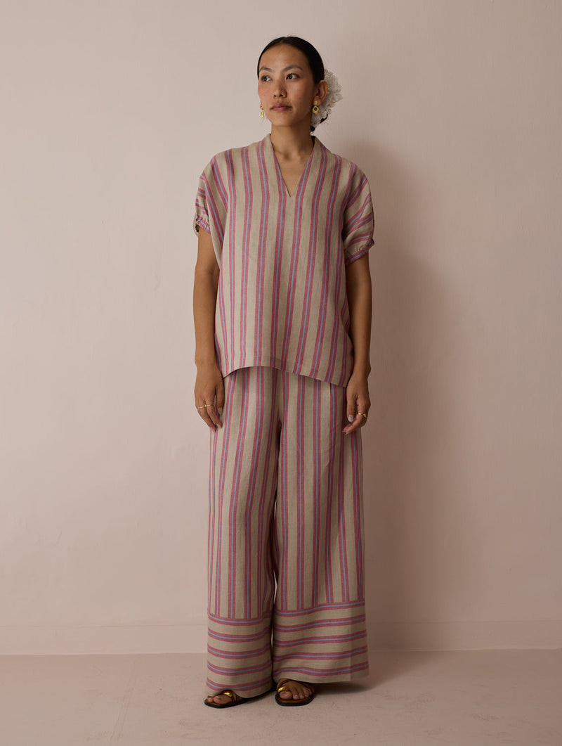 Anne V-Neck Stripe Linen Top-Natural linen top/shirt by Manan in off white for women in Singapore