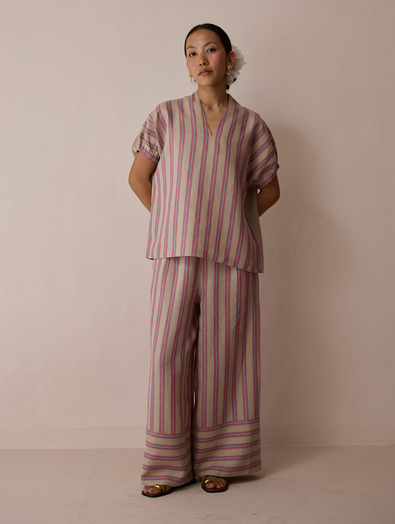 Anne V-Neck Stripe Linen Co-ord-Natural linen co-ord set by Manan in off white for women in Singapore