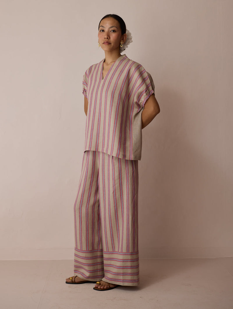Anne V-Neck Stripe Linen Co-ord-Natural linen co-ord set by Manan in off white for women in Singapore