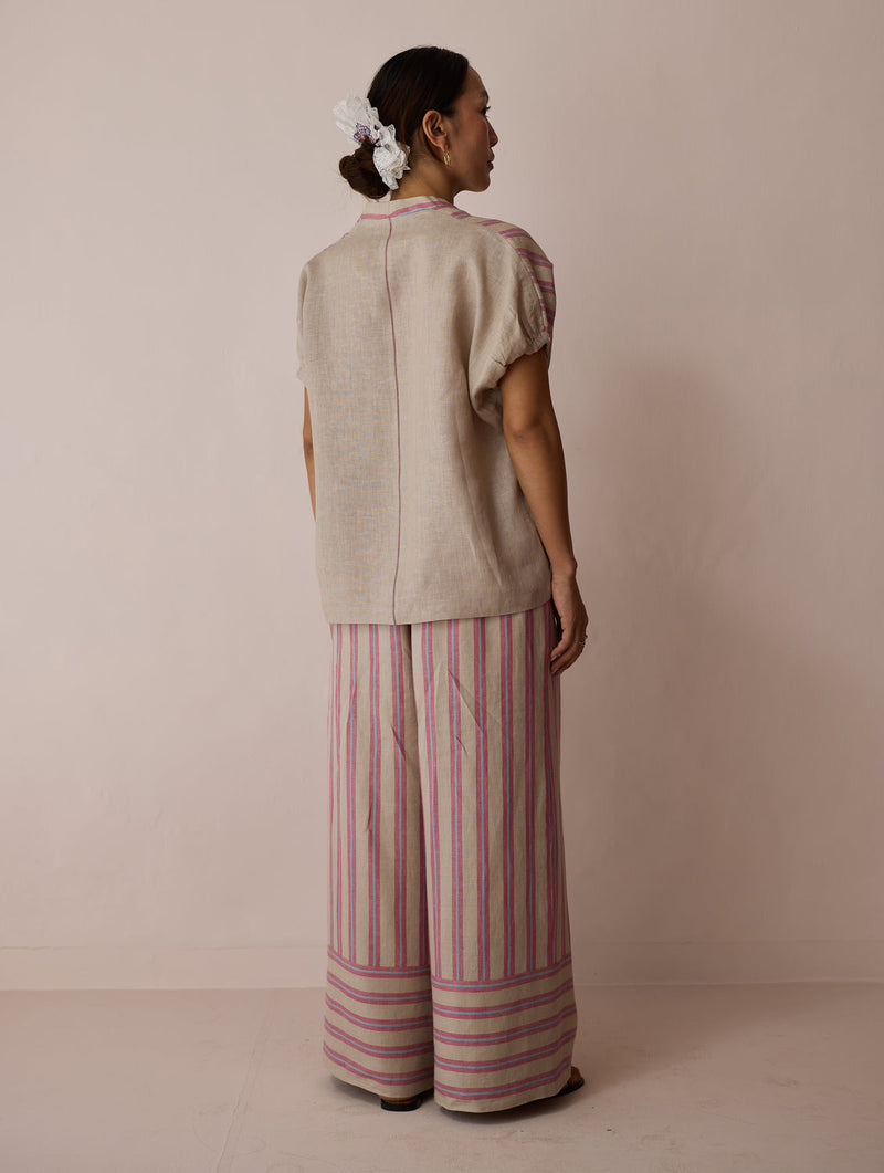 Anne V-Neck Stripe Linen Co-ord-Natural linen co-ord set by Manan in off white for women in Singapore