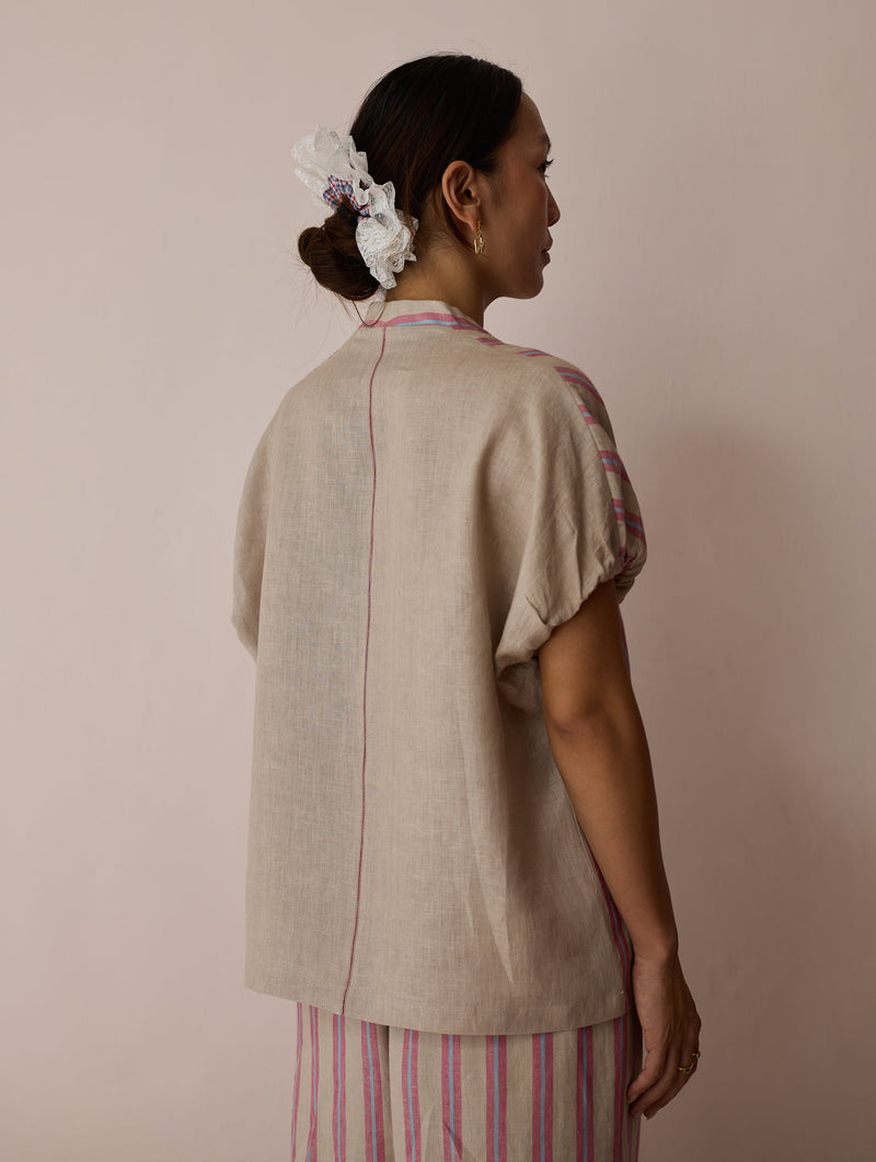 Anne V-Neck Stripe Linen Co-ord-Natural linen co-ord set by Manan in off white for women in Singapore