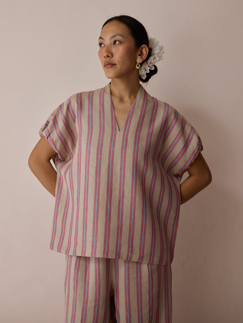 Anne V-Neck Stripe Linen Co-ord-Natural linen co-ord set by Manan in off white for women in Singapore