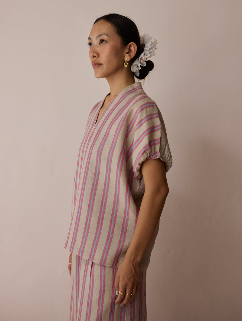 Anne V-Neck Stripe Linen Top-Natural linen top/shirt by Manan in off white for women in Singapore