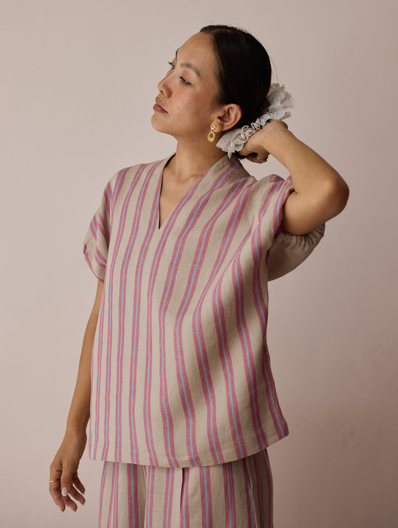 Anne V-Neck Stripe Linen Co-ord-Natural linen co-ord set by Manan in off white for women in Singapore