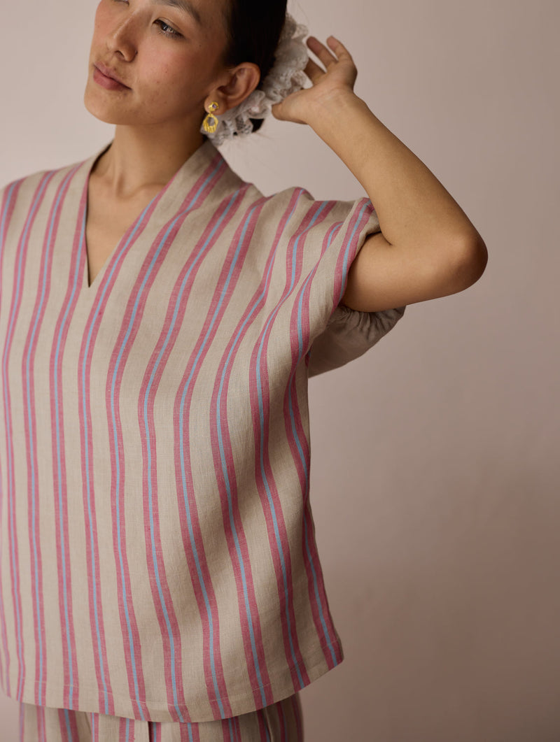 Anne V-Neck Stripe Linen Top-Natural linen top/shirt by Manan in off white for women in Singapore