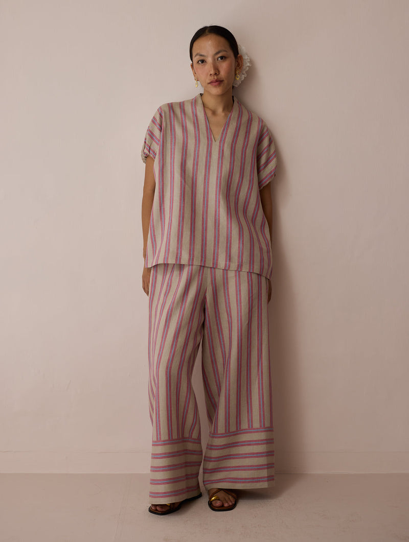 Anne V-Neck Stripe Linen Co-ord-Natural linen co-ord set by Manan in off white for women in Singapore