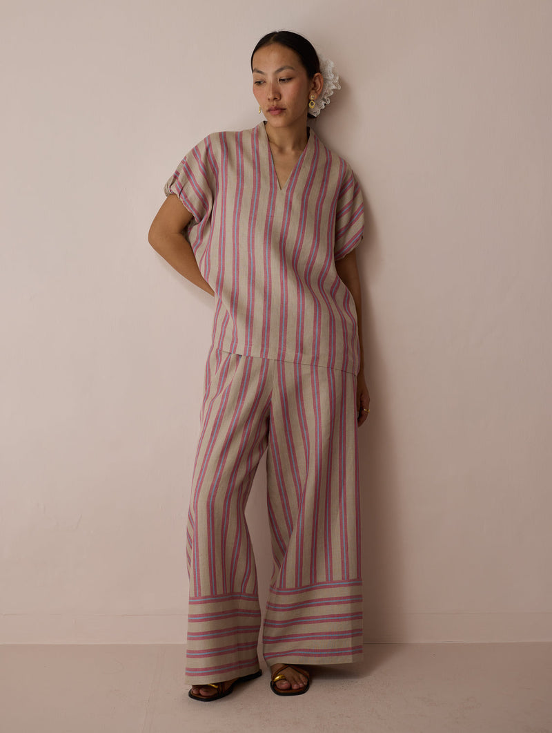 Anne V-Neck Stripe Linen Co-ord-Natural linen co-ord set by Manan in off white for women in Singapore