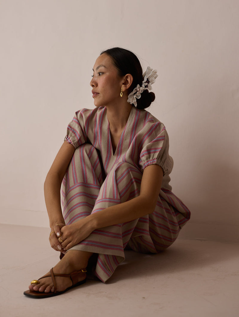 Anne V-Neck Stripe Linen Co-ord-Natural linen co-ord set by Manan in off white for women in Singapore