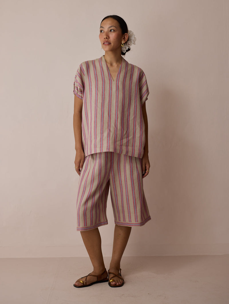 Ena Stripe Linen Jorts-Natural linen short by Manan in off white for women in Singapore