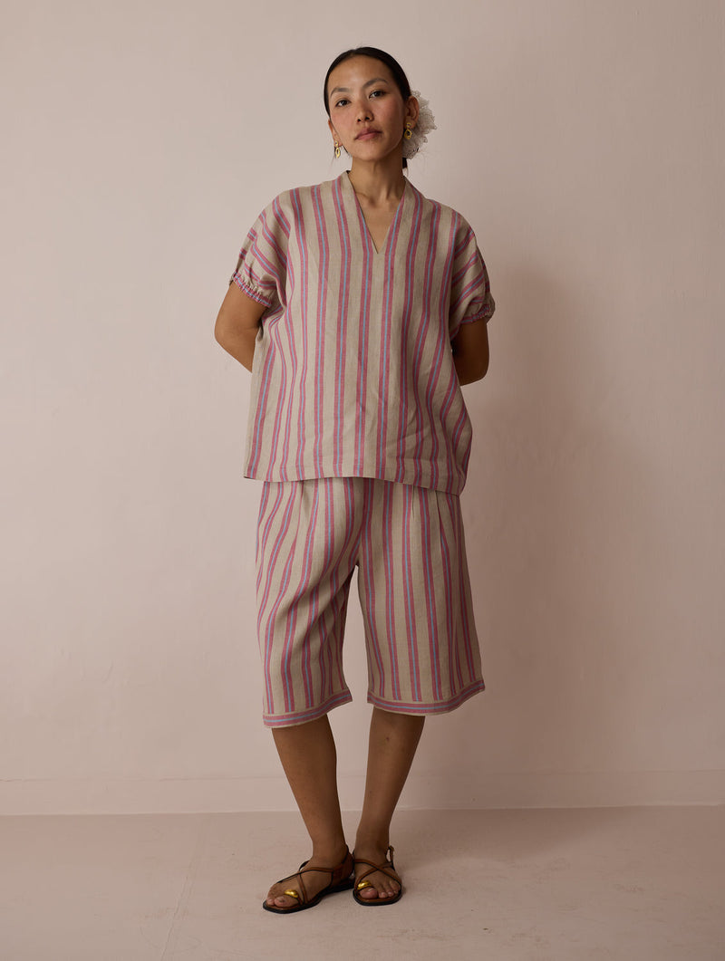 Ena Stripe Linen Jorts-Natural linen short by Manan in off white for women in Singapore