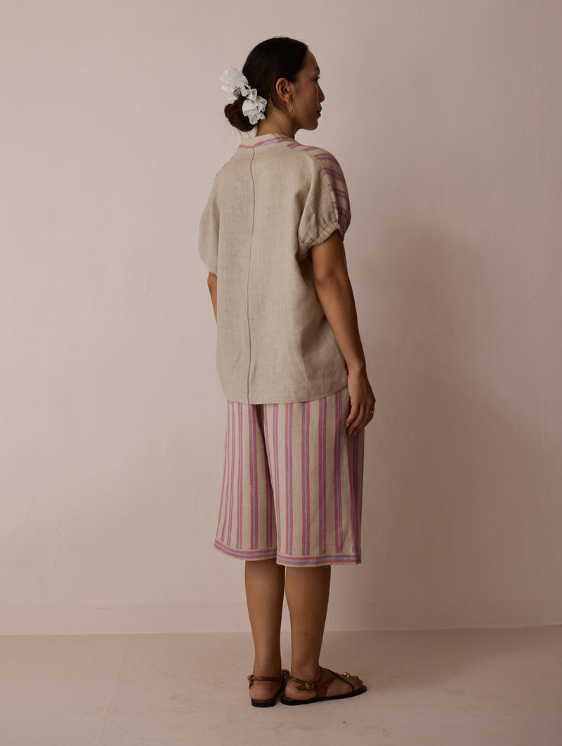 Ena Stripe Linen Jorts-Natural linen short by Manan in off white for women in Singapore