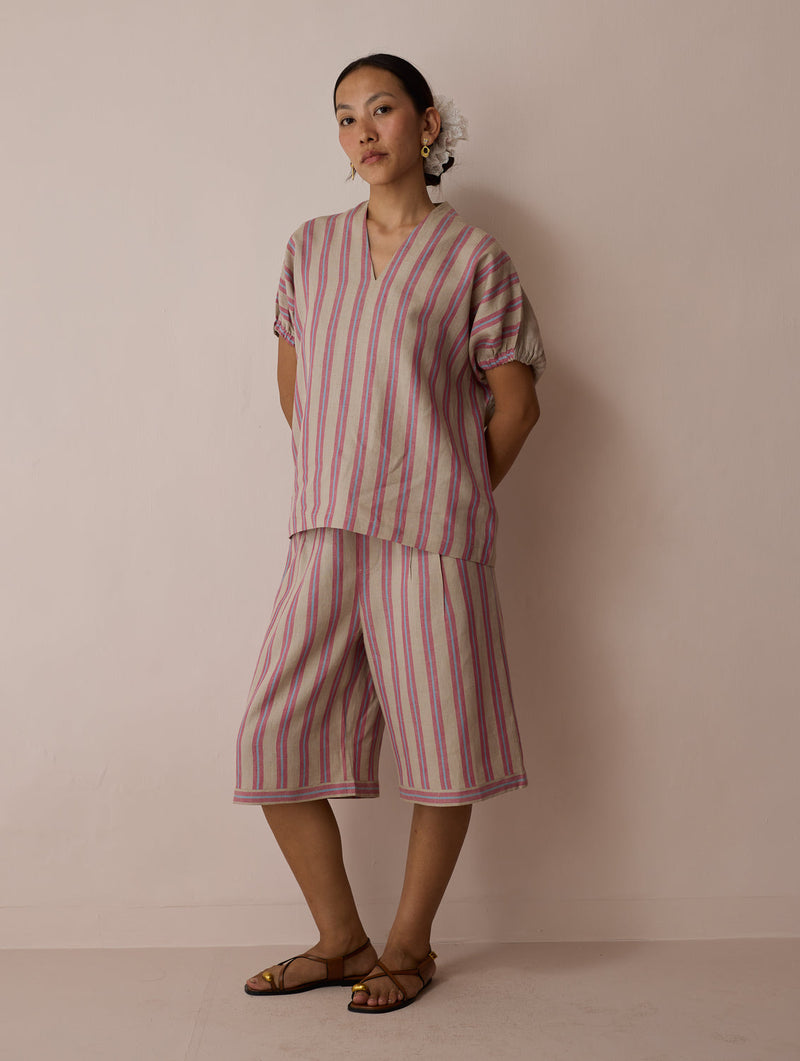 Ena Stripe Linen Jorts-Natural linen short by Manan in off white for women in Singapore
